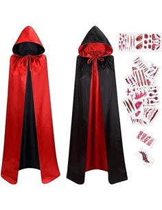 Capa de Halloween, Vampiro Capucha Capa, Manto Reversible Negro Rojo, 30 Tatuajes Temporales, Halloween Dracula Cosplay, Disfraz