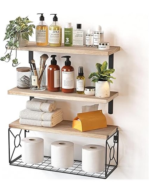 Pipishell Estantes flotantes con Cesta de Alambre de estroraje, estantes de baño de Madera de Paulownia para organización del ho