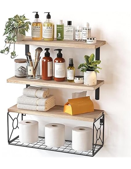 Pipishell Estantes flotantes con Cesta de Alambre de estroraje, estantes de baño de Madera de Paulownia para organización del ho