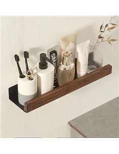Estante flotante de metal montado en la pared, estante de baño negro, estante de montaje en pared con bordes de madera maciza, a