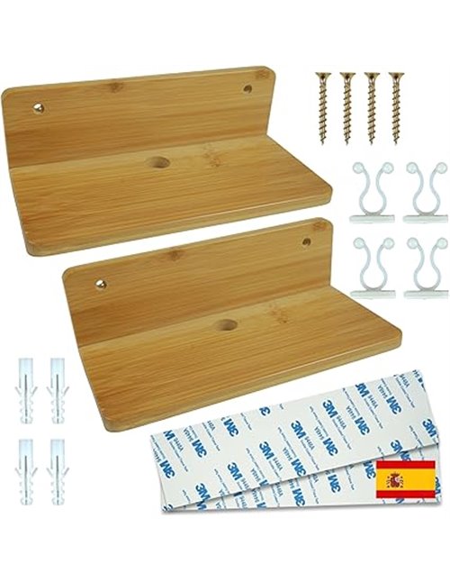 ️ 2 Baldas de Pared Sin Agujeros de Madera Bambu Pequeñas + 2 Adhesivos + 4 Tornillos con Tacos + 4 Clips Recoge Cables | Repisa