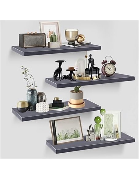 WOPPLXY 4 estantes flotantes de madera de 40 x 15 cm, color gris oscuro, estantes de exhibición de almacenamiento de pared decor