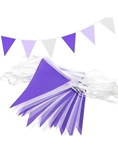 Banderines morados y blancos, 40 m, 80 banderines morados para decoración de fiesta de cumpleaños, día de la mujer