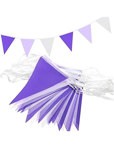 Banderines morados y blancos, 40 m, 80 banderines morados para decoración de fiesta de cumpleaños, día de la mujer