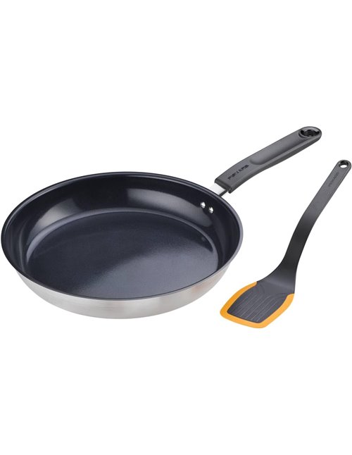 Fiskars Set de Cocina, Sartén (Ø 28 cm) de Aluminio para Todas las Placas, Espátula (29,3 cm) de Plástico/Silicona, Functional F