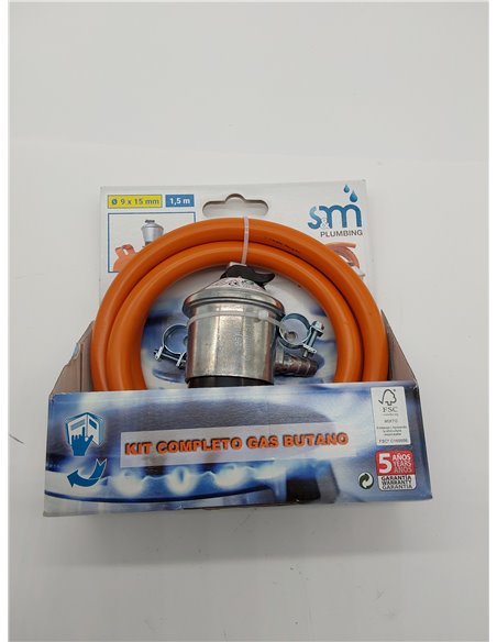 S&M 321771 - Kit completo butano: Regulador de gas butano + Tubo Goma 1,5 metros + 2 abrazaderas de seguridad | Homologado para 