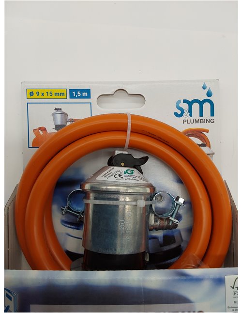 S&M 321771 - Kit completo butano: Regulador de gas butano + Tubo Goma 1,5 metros + 2 abrazaderas de seguridad | Homologado para 