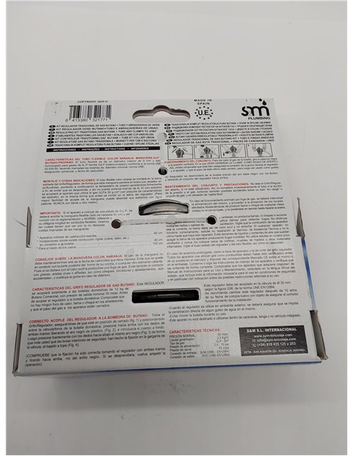 S&M 321771 - Kit completo butano: Regulador de gas butano + Tubo Goma 1,5 metros + 2 abrazaderas de seguridad | Homologado para 