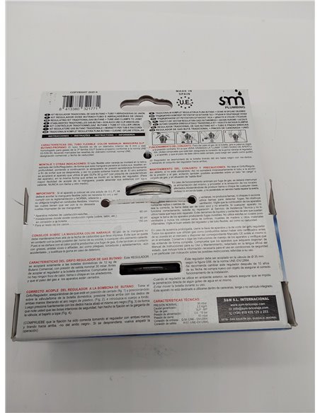 S&M 321771 - Kit completo butano: Regulador de gas butano + Tubo Goma 1,5 metros + 2 abrazaderas de seguridad | Homologado para 