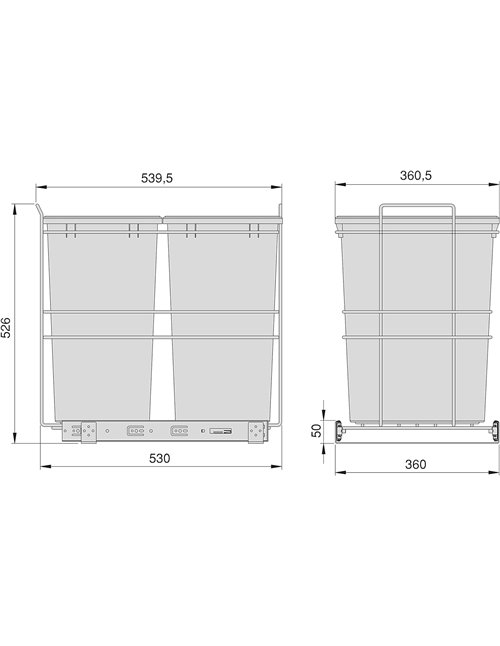 EMUCA - Contenedores de reciclaje Recycle para cocina, Cubos de basura bajo fregadero 2 x 35 L, fijación inferior y extracción m