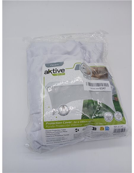 Aktive 61547 - Funda mesa jardín impermeable blanca, Protector mesa elástico 180x76x76cm, Funda mueble jardín resistente con suj