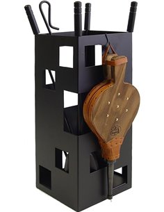 Imex El Zorro Square Fireplace Set with Gusset | 20 x 20 x 50 cm | Black Painted Iron with Tools and Stainless Steel Stand | Ide