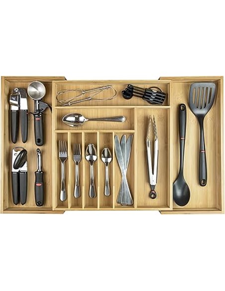 KitchenEdge Premium Cutlery and Utensil Organizer for Kitchen Drawers, Expandable to 28" Wide, 10 Compartments, 100% Bamboo