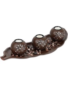 Relaxdays Set Portavelas con Bandeja y Piedras Decorativas, 50,5 cm de Largo, 3 Velitas, Decoración de Mesa, Marrón