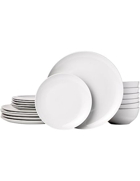 Amazon Basics Vajilla, 6 servicios, Paquete de 18, Porcelana blanca lisa
