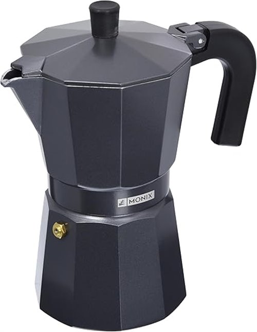 Monix Vitro Noir Cafetera italiana de aluminio 6 tazas, Apta para todo tipo de cocinas salvo inducción, Color negro