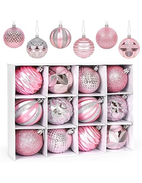 Bolas de Navidad Rosa 6CM, 12 PCS Bolas para Arbol de Navidad, Adornos para Árboles de Navidad Plástico, Regalos de Colgantes de