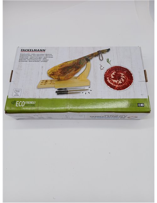 Fackelmann Soporte Jamonero con Cajón Extraíble con Cuchillo Jamonero, Chaira y Cuchillo Mondador, de diseño fresco, Madera de P