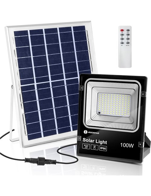 Aigostar 100 W Outdoor Solar Spotlight, Super Bright LED Floodlights with Solar Panel, Cool White 6500 K, IP66 Protection Degree