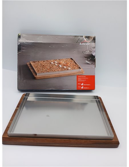 Lacor - 60830 - Llauna de Arroz, 33 x 23 cm, Bandeja de Acero Inoxidable, Base de Madera de Acacia, Ideal para Arroces, Guisos y