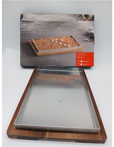 Lacor - 60830 - Llauna de Arroz, 33 x 23 cm, Bandeja de Acero Inoxidable, Base de Madera de Acacia, Ideal para Arroces, Guisos y