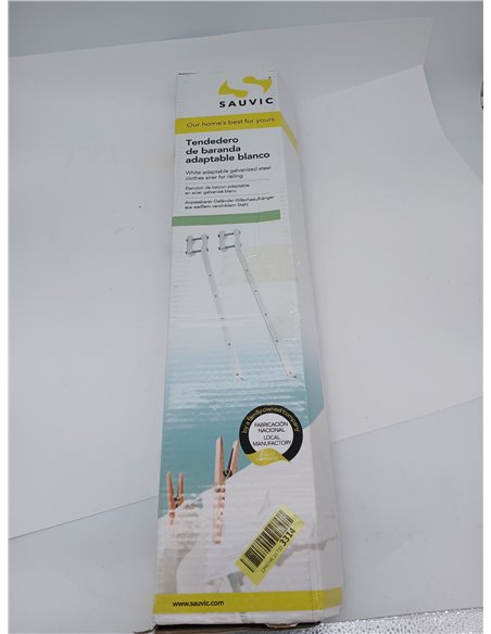 Sauvic 89410 - Tendedero Baranda Adaptable Blanco, Hierro Galvanizado con Pintura Cerámica Blanca,Color Blanco, 63 x 4 x 7 cm
