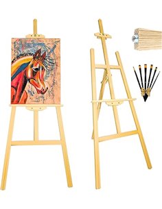 Caballete pintura profesional 150cm incluye pinceles. Caballete de madera plegable y altura ajustable. Soporte para lienzos gran