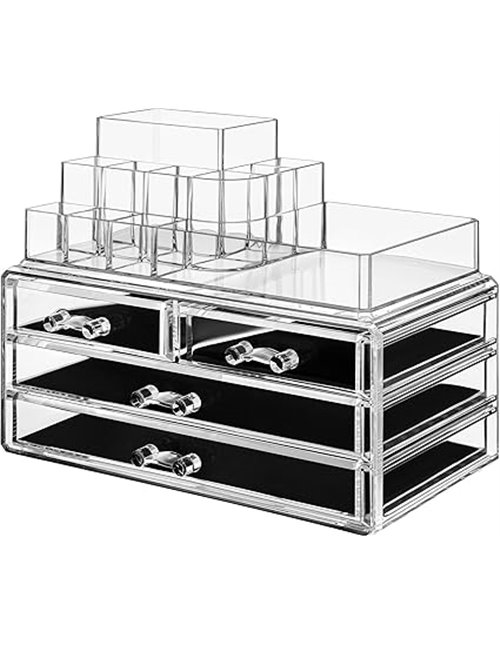 SONGMICS Clear Acrylic Make up Organiser, Stackable Cosmetic Box, with 4 Drawers, for Palette Brush Lipstick Nail Polish Hairpin