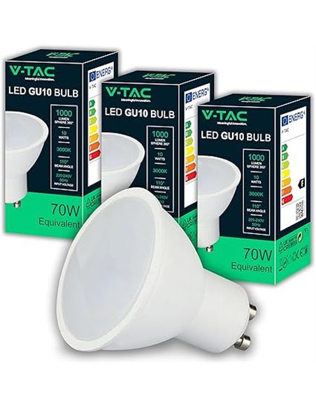 V-TAC 3x Bombillas LED GU10 - Alta Luminosidad 10W (Equivalente a 70W) - 1000 Lumen - Cubierta Satinada - Bombilla Máxima Eficie