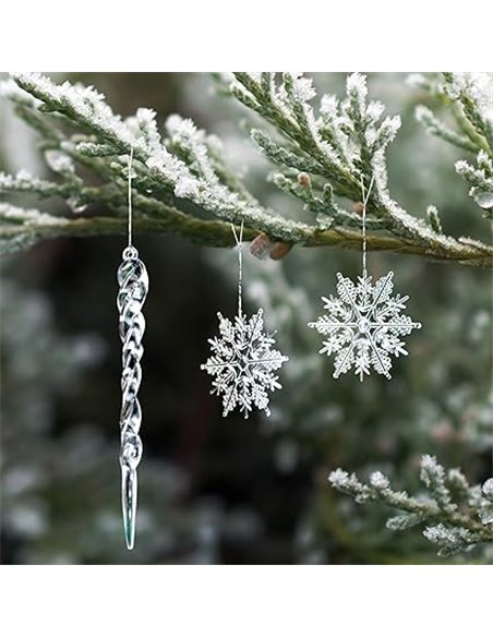 Naler 20 Copos de Nieve Navideños y 10 Carámbanos Plásticos Transparentes para Decoración de Árboles de Navidad