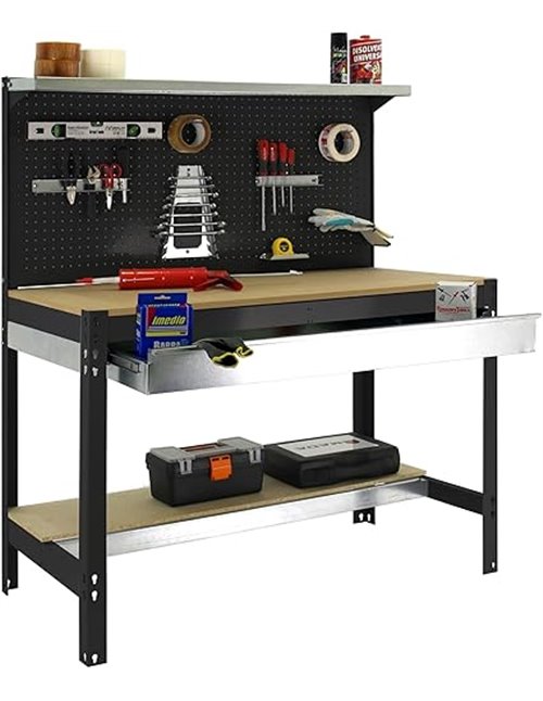 Simon Rack Banco de Trabajo Taller, Capacidad Carga 600 kg, 1445x1510x610 mm, Mesa de Trabajo, 1 Cajón, Antracita/Madera - BT3