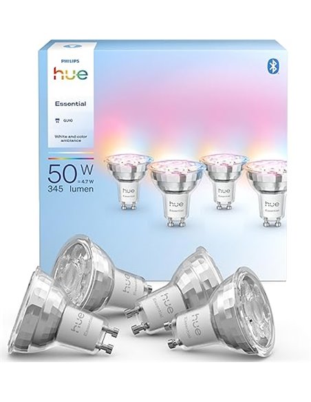 Philips Hue Essential Foco LED GU10, Bombilla LED Inteligente, Luz ambiente blanca y de colores, 4,7 W, 2200 K-6500 K, 345 lm, r