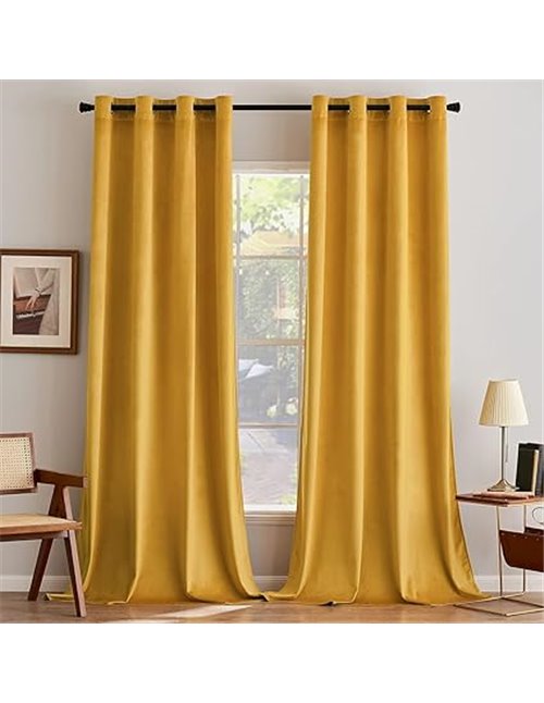 MIULEE Cortinas Terciopelo Amarillo Mostaza Salon Modernas 2 Piezas, Cortinas de Terciopelo Suave Semiopacas con Ojales, Cortina