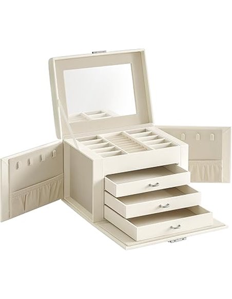 SONGMICS Caja Joyero de 4 Niveles, Caja para Joyas con Asa, 3 Cajones, Espejo, Cerradura, para Viajar, Regalo, Superficie Blanco