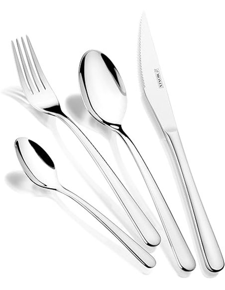 MONIX Pisa 24-Piece Cutlery Set with Chopper Knife, 18/10 Stainless Steel, Contemporary Design, Polished Shiny Finish, Thickness
