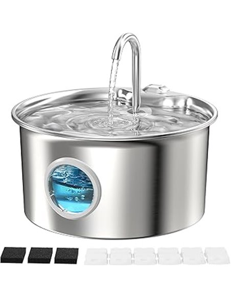 Fuente de Agua para Gatos Acero Inoxidable: Bebedero Gato Automatico Inox - 2.6L Fuente Gatos Agua Metalico con Ventana de Nivel