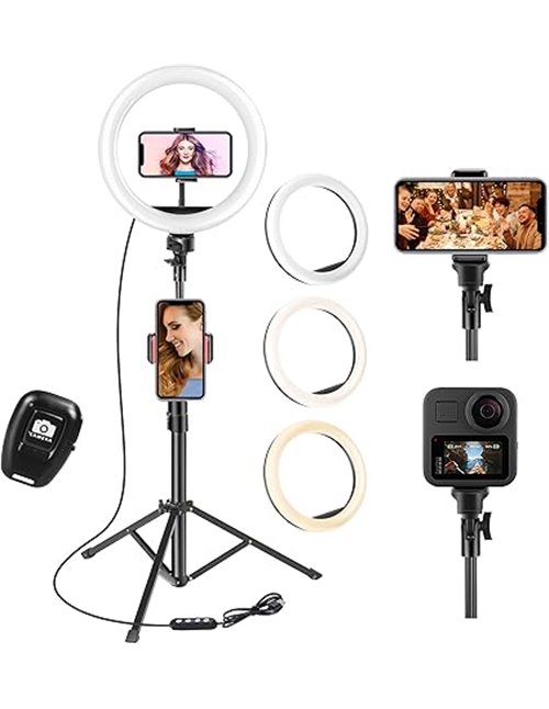 Aro de Luz con Tripode, 10" Ring Light con Control Remoto 3 Modos 10 Brillos Regulables Anillo de Luz para TikTok, Maquillaje, S