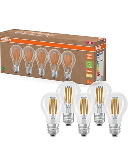 OSRAM High Efficiency LED Lamps with Energy Efficiency Class A, Pack of 5, Replaces 100W, Warm White (2700K), E27, Filament Glas