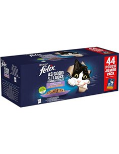 FELIX Fantastic, Comida Húmeda para Gato Adulto, Gelatina, Surtido de Buey, Pollo, Salmón y Atún, Pack de 44 Sobres de 85 g