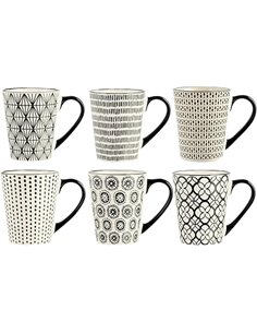 H&H Vhera, Juego de 6 Tazas Mug, Stoneware, Color Crema y Negr, 350 CC.