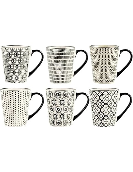 H&H Vhera, Juego de 6 Tazas Mug, Stoneware, Color Crema y Negr, 350 CC.