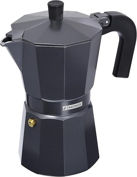 Monix Vitro Noir | Cafetera Italiana de Aluminio 6 Tazas, Apta para Vitrocerámica, Gas y Eléctrica, NO Apta para Inducción, Mang