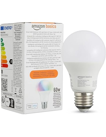 Amazon Basics Smart Bombilla led multicolor, casquillo E27, 8W (equivalente a 60W), funciona solo con Alexa, 1 paquete