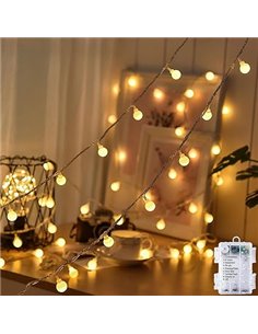 Guirnalda de luces LED impermeable para exteriores con pilas, 5 m, 50 bombillas LED blanco cálido. Iluminación de Navidad para h