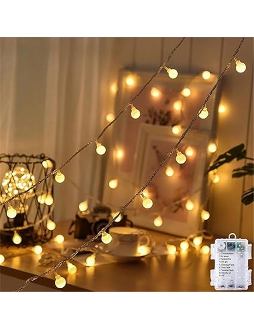 Guirnalda de luces LED impermeable para exteriores con pilas, 5 m, 50 bombillas LED blanco cálido. Iluminación de Navidad para h