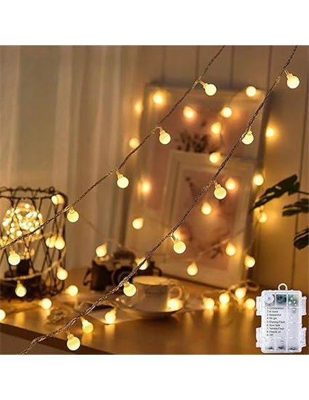 Guirnalda de luces LED impermeable para exteriores con pilas, 5 m, 50 bombillas LED blanco cálido. Iluminación de Navidad para h