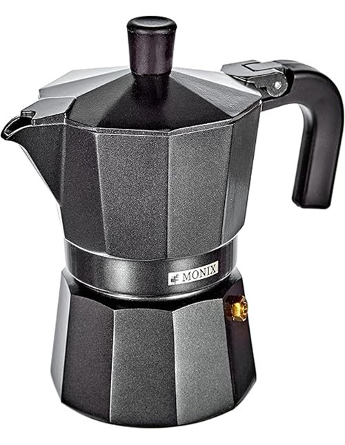 Monix Vitro Noir | Cafetera Italiana de Aluminio 3 Tazas, Apta para Vitrocerámica, Gas y Eléctrica, NO Apta para Inducción, Mang