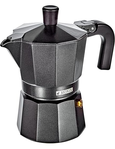 Monix Vitro Noir | Cafetera Italiana de Aluminio 3 Tazas, Apta para Vitrocerámica, Gas y Eléctrica, NO Apta para Inducción, Mang