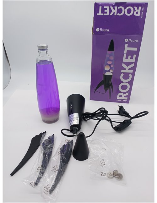 Fisura - Lámpara de lava azul “rocket”. Base blanca, líquido azul y lava blanca. Lámpara de lava retro con bombilla de repuesto.