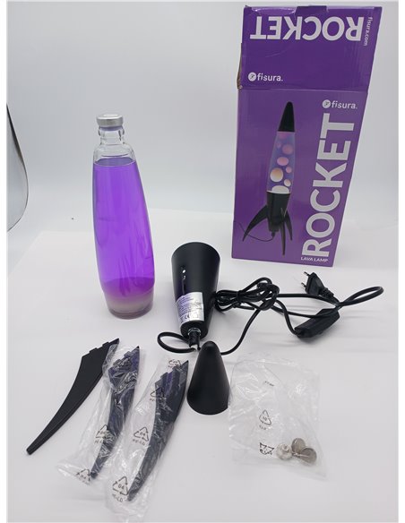 Fisura - Lámpara de lava azul “rocket”. Base blanca, líquido azul y lava blanca. Lámpara de lava retro con bombilla de repuesto.